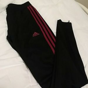 Adidas black sweats with 3 maroon stripes per leg
